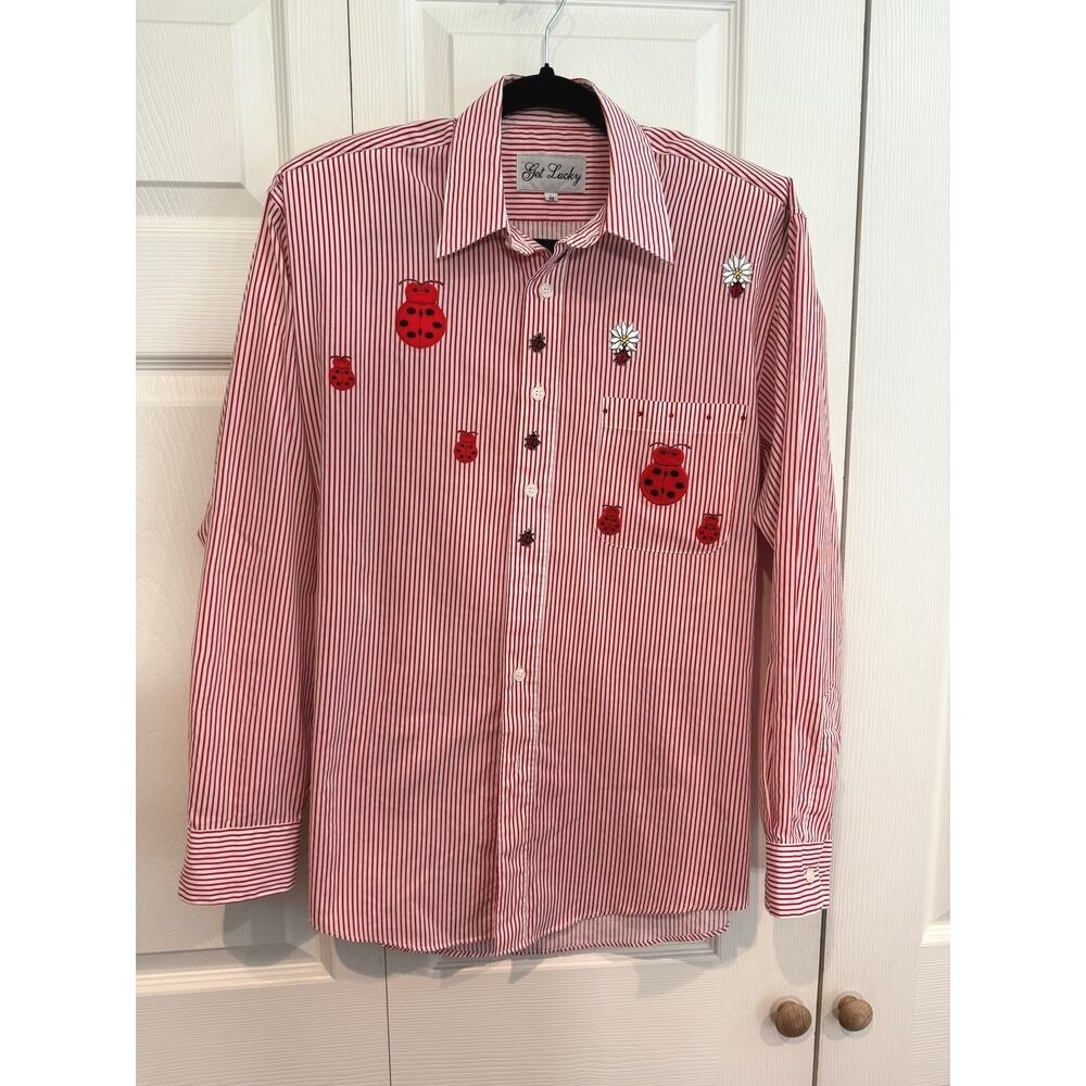Get Lucky Red White Striped Blouse Ladybug Embroidered Cottage Preppy